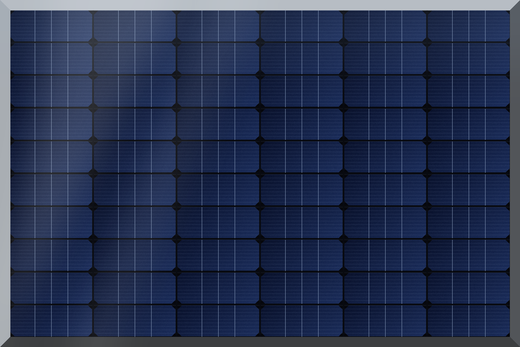 A monocrystalline solar panel: blue silicon cells, busbars and fine gridline fingers visible
