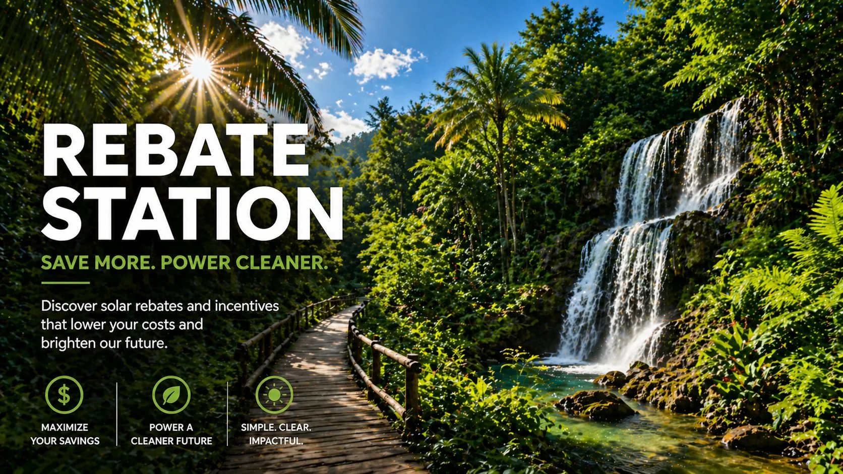 Rebate Station — save more, power cleaner. A boardwalk through lush greenery toward a waterfall under the Miami sun.